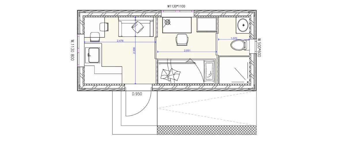 20ft studio unit floor plan
