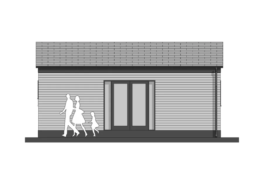 2d drawing of a 2 bed modular unit from a front angle