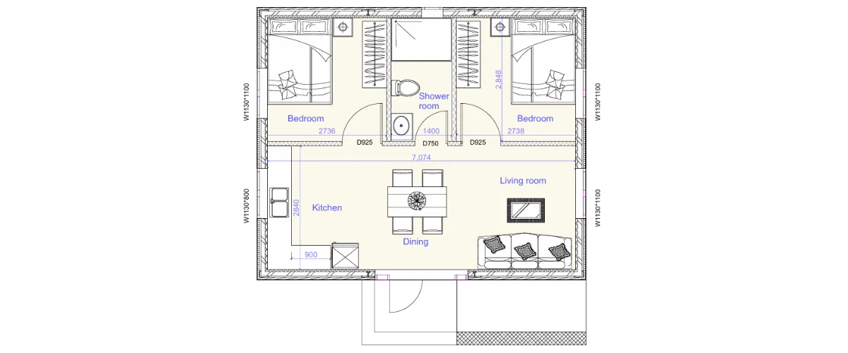 2 bed compliant unit floor plan 1:50 scale