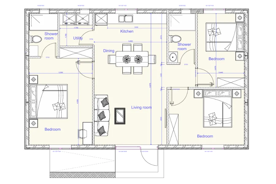 floor plan of 40ft 3 bed compliant unit